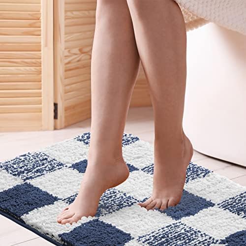 CozeCube Navy Blue Checkered Bath Mat 24"x16" Non Slip Washable Rug
