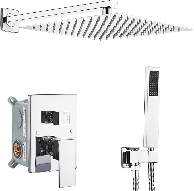 Shower Faucet Set Complete, Wall Mount Shower System for Bathroom 12 Inch High-Pressure Rainfall Shower with Handheld, Rough-in Valve Body and Trim Kit, Polished Chrome
