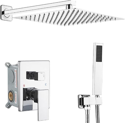 Shower Faucet Set Complete, Wall Mount Shower System for Bathroom 12 Inch High-Pressure Rainfall Shower with Handheld, Rough-in Valve Body and Trim Kit, Polished Chrome