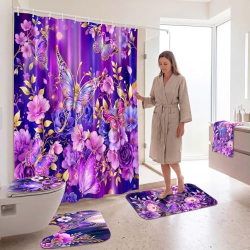 FuWeave 8 Pcs Purple Butterfly Shower Curtain Set for Bathroom Decor Include Elegant Purple Floral Shower Curtain Butterfly Towels Non Slip Rugs Toilet Lid Cover Bath Mat and 12 Hooks