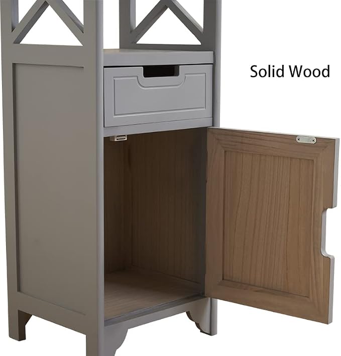 Tall Nightstand with Shelf and Drawer, Narrow End Table with Door for Bathroom Entryway Bedroom Bedroom, Gray | Solid Wood; Fully Assembled; Drawer & Door Storage; Open Shelf; Slim Design; Bathroom Cabinet, Nightstand & Side Table