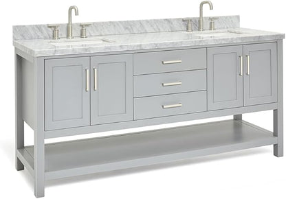 ARIEL 73" Grey Double Bathroom Vanity with 1.5" Edge Italian Carrara Marble Countertop & Splash, Rectangular Sinks, 4 Soft Closing Doors, 3 Dovetail Full Extensions Drawers, Brushed Nickel