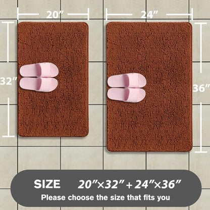 Rust Bathroom Rugs Sets 2 Piece – Absorbent and Washable Bath Mat, Non-Slip, Thick Soft Chenille Bath Rugs for Bathroom Floor, Shower, Sink - 20" x 32"+24" x 36"