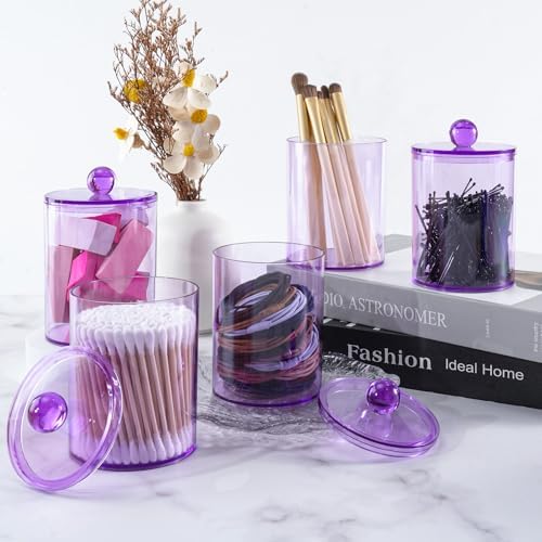 2 Pcs Acrylic Qtip Holder, Cotton Ball Holder Jars with Lids, Purple