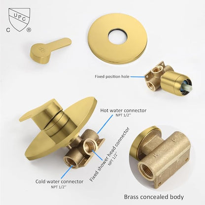 POP SANITARYWARE Shower Faucet Set Brushed Gold Bathroom Rainfall Shower Fixture Wall Mounted 8 Inch Shower Head system Single Handle Shower Trim Kit with Rough-in Valve