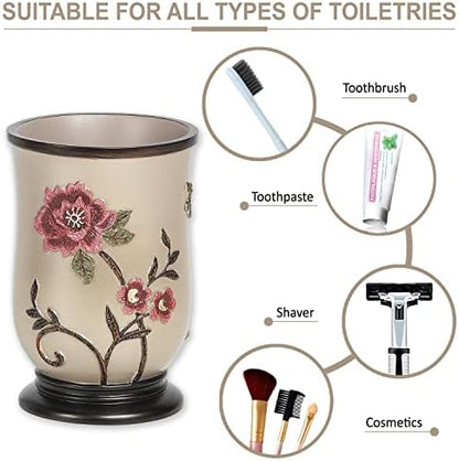 Zahari Home 4pc Larrisa Floral Bathroom Accessories Sets Modern Classic Flower Soap Dispenser, Tumbler, Tooth Brush Holder and Soap Dish Holder Luxury Decor Unique Design Stylish Bathroom Sets