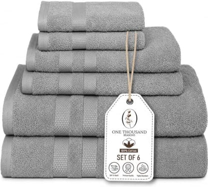 Premium Staple Cotton Bathroom Towel Set - Gray 600 GSM 6-Piece Luxury Bath Towel Set 3 Stripe - 2 Bath Towels, 2 Hand Towels & 2 Washclothes Set - High Absorbent & Quick Dry for Gym, Spa, Hotel