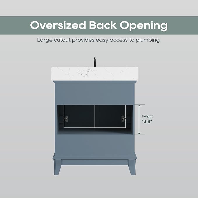 30 Inch Bathroom Vanity with Sink, Single Sink Bathroom Vanity with Adjustable Feet, Solid Wooden Frame Bathroom Storage Cabinet with Soft Closing Doors & Dovetail Drawers, Steel Blue