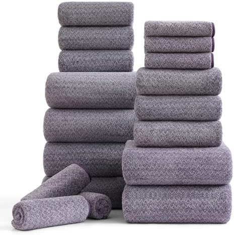 18 Piece Bath Towels Set,100% Microfiber Family Bathroom Towel with Hanging Loops-6 Bath Towels,6 Hand Towels,6 Washcloths,Quick Dry Highly Absorbent Shower Towel for Bathroom,Hotel,Spa-Dark Purple