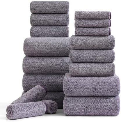 18 Piece Bath Towels Set,100% Microfiber Family Bathroom Towel with Hanging Loops-6 Bath Towels,6 Hand Towels,6 Washcloths,Quick Dry Highly Absorbent Shower Towel for Bathroom,Hotel,Spa-Dark Purple