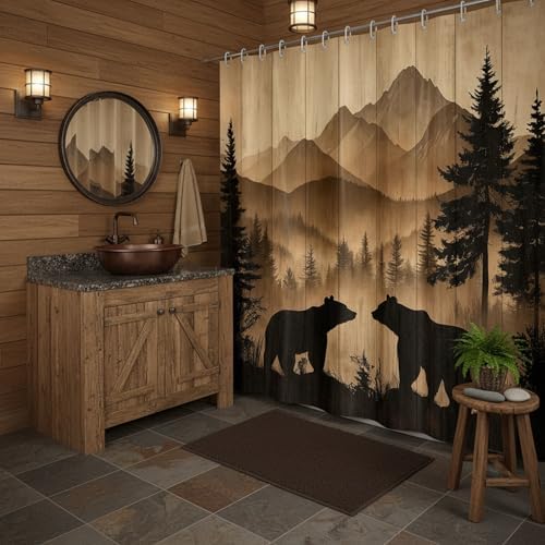 Bear Shower Curtain, Rustic Cabin Forest Shower Curtain Brown Wooden Print Wildlife Country Bath Curtains with Hooks, Hunting Camping Waterproof Polyester Fabric Bathroom Decor Accessories,60X70IN