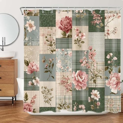 Retro Floral Patchwork Shower Curtain, Pink and Green, 72x72 inch