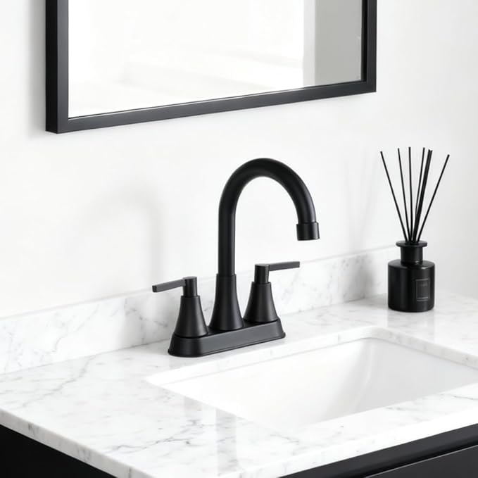 VCCUCINE Bathroom Faucets for Sink 3 Hole, Hurran 4 inch Matte Black with Pop-up Drain and 2 Supply Hoses, Stainless Steel 2-Handle Centerset Faucet for Sink Vanity,VC-MC-010B