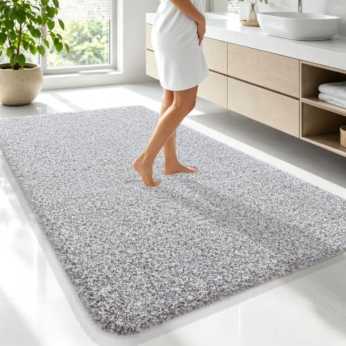 OLANLY Microfiber Bathroom Rugs 70x46, Quick Dry Mat, Light Grey and White