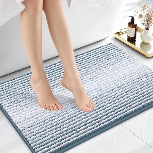 OLANLY Small Bathroom Rugs 24x16, Chenille Striped Bath Rugs, Airy Blue