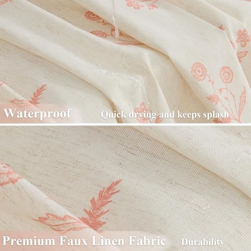 ORTIGIA Linen Shower Curtain Farmhouse Vintage Pink Floral Shower Curtains Boho Rustic Block Print Cottagecore Decor for Bathroom 72 W x 72 L