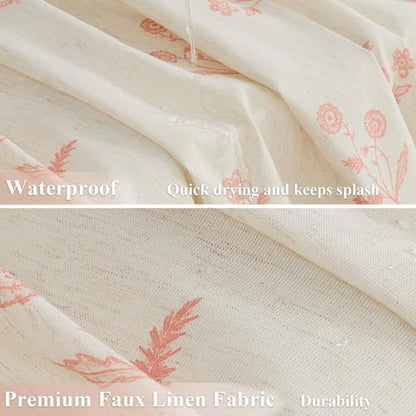 ORTIGIA Linen Shower Curtain Farmhouse Vintage Pink Floral Shower Curtains Boho Rustic Block Print Cottagecore Decor for Bathroom 72 W x 72 L