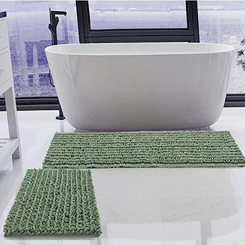 Luxury Chenille Sage Green Bathroom Rugs Sets 2 Piece, Thickened Hot Melt Rubber Bottom Bath Mats for Bathroom Non Slip,Bath Rugs Quick Dry Machine Washable for Shower Mat (47"x17"+17"x24")