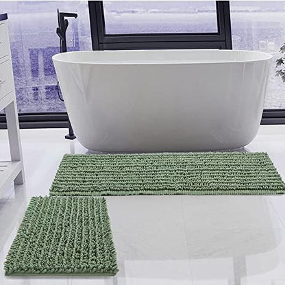 Luxury Chenille Sage Green Bathroom Rugs Sets 2 Piece, Thickened Hot Melt Rubber Bottom Bath Mats for Bathroom Non Slip,Bath Rugs Quick Dry Machine Washable for Shower Mat (47"x17"+17"x24")