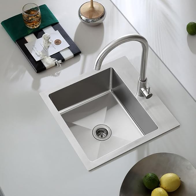 Handmade 15"x15" RV Drop-in Bar Sink Stainless Steel 2" Drain Hole | Compact Top Mount Basin, Suitable for RV, Campervan, Caravan, Boat, Mobile Tiny Kitchen
