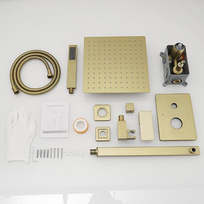 Brushed Gold Shower System YCAIKOI Wall Mount Shower Faucet Set for Bathroom 10 Inch High Pressure Luxury Shower Head with Handheld, Rough-in Valve Body and Trim Included