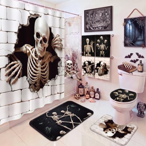 FuWeave 8 Pcs Halloween Shower Curtain Set, Skeleton Breakthrough Bathroom Decor with 3D Wall-Breaking Skull, Include Non-Slip Bath Mat, Toilet Lid Cover, Towels and 12 Hooks for Gothic Bathroom