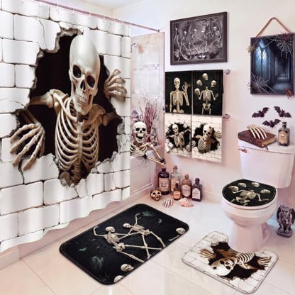 FuWeave 8 Pcs Halloween Shower Curtain Set, Skeleton Breakthrough Bathroom Decor with 3D Wall-Breaking Skull, Include Non-Slip Bath Mat, Toilet Lid Cover, Towels and 12 Hooks for Gothic Bathroom