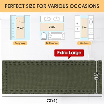 Extra Large Waffle Bath Mat, Boho Woven Modern Bath Rug Absorbent Non Slip, Ultra Soft Bathroom Mats, Machine Washable Knit Bath Rugs with Border for Bathroom, Bedroom, Kitchen, 6'x2', Dark Green