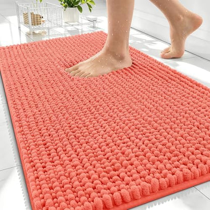 OLANLY Thick Chenille Bathroom Rugs 30x20, Soft Absorbent Bath Mat, Coral