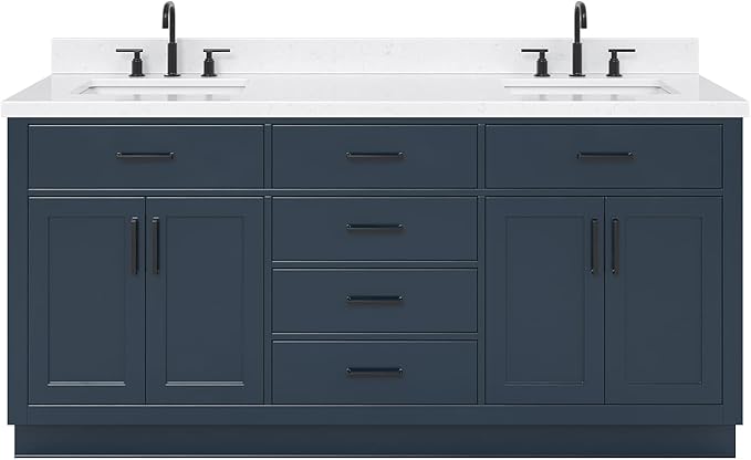 ARIEL Hepburn 72-inch Bathroom Vanity with Sink,Solid Wood, 1.5-inch Carrara White Quartz Countertop, Double Rectangular Porcelain Sink, 4 Soft Closing Doors, 6 Dovetail Drawers, Midnight Blue