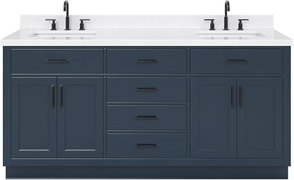 ARIEL Hepburn 72-inch Bathroom Vanity with Sink,Solid Wood, 1.5-inch Carrara White Quartz Countertop, Double Rectangular Porcelain Sink, 4 Soft Closing Doors, 6 Dovetail Drawers, Midnight Blue