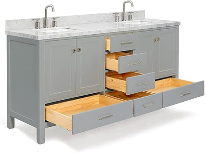 ARIEL Cambridge 72-inch Bathroom Vanity with Sink,Solid Wood, 1.5-inch Italian Carrara Marble Countertop, Double Rectangular Porcelain Sink, 4 Soft Closing Doors, 6 Dovetail Drawers, Grey