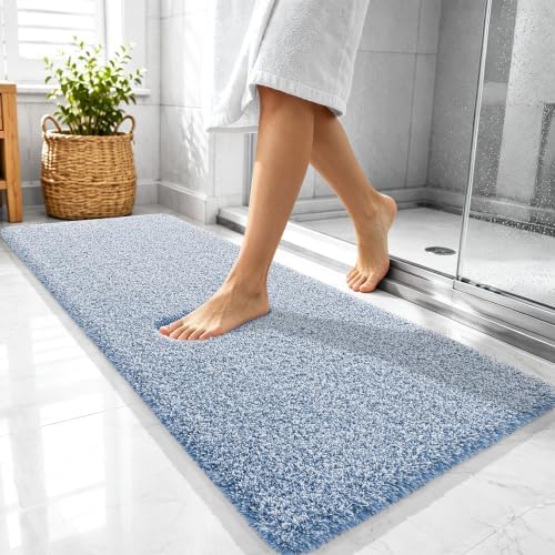OLANLY Microfiber Soft Bathroom Rugs Mats 47x20, Cornflower Blue and White
