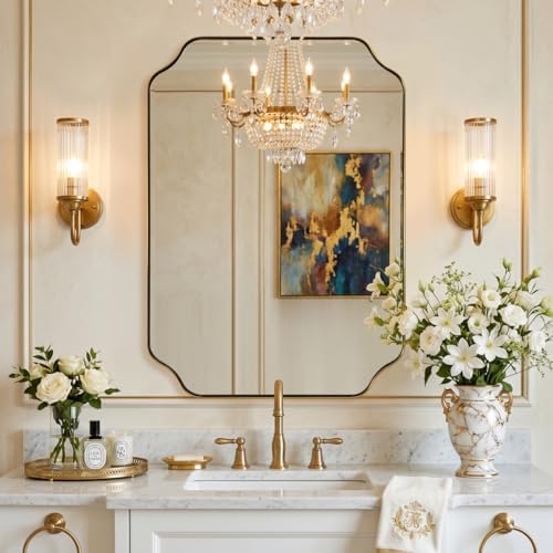 MIRRORART 20x28’’ Scalloped Gold Bathroom Mirror, Brushed Brass Metal Framed Decorative Wall Mirror, Elegant Rectangle Vanity Mirror for Bathroom, Bedroom & Entryway, Modern Farmhouse Home Remodel