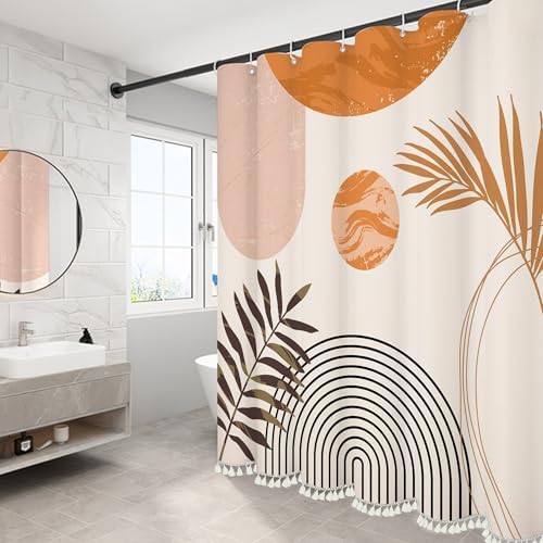 Boho Mid Century Leaf Shower Curtain Set,Arch Sun Design,Minimalistic Leaves Pattern,Waterproof and Luxurious Fabric-12 Hooks(Orange-60" x 72")
