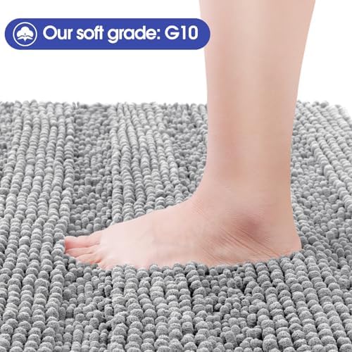 Striped Light Grey Toilet Bathroom Rug Mat 24" x 20" Contour Rug Ultra Soft, Non Slip Chenille Bath Rugs, Absorbent Plush Shaggy Bath Mats for Bathroom, Bedroom, Kitchen, Shower, Tub,Light Gray