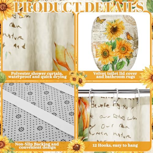 Honoson 8 Pcs Sunflower Shower Curtain Bathroom Set with Rugs, Vintage Floral Bath Decor with Rustic Script Background, Bath Mat Toilet Lid Cover U-Shaped Mat for Farmhouse Housewarming Gifts Decor