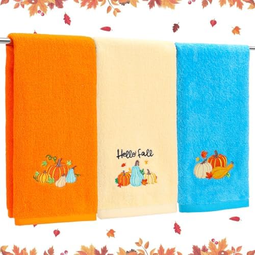 JarThenaAMCS 3Pcs Fall Pumpkin Hand Towels Cotton Embroidered Bathroom Towel Orange Blue Pumpkin Absorbent Dish Towel for Autumn Thanksgiving Drying Cleaning Cooking Gift Kitchen, 29.5 x 13.7 Inch