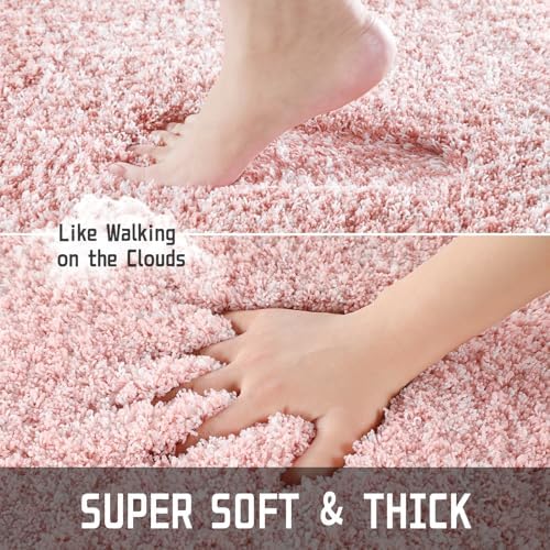 Yimobra Toilet Rugs U Shaped Washable 24X20, Ultra Soft and Water Absorbent Bath Mats, Non Slip Fluffy Shaggy Luxury Microfiber Contour Bath Rugs for Toilet, Dry Quick, Light Pink and White