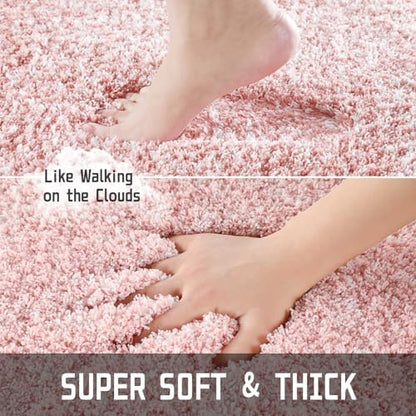 Yimobra Toilet Rugs U Shaped Washable 24X20, Ultra Soft and Water Absorbent Bath Mats, Non Slip Fluffy Shaggy Luxury Microfiber Contour Bath Rugs for Toilet, Dry Quick, Light Pink and White