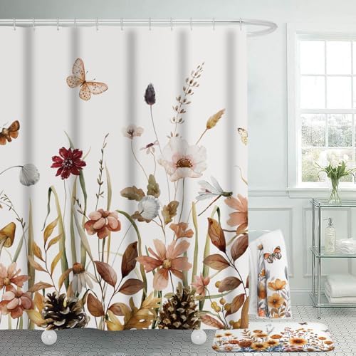 Honoson Fall Wildflower Shower Curtain Bathroom Set with Rug and Towls