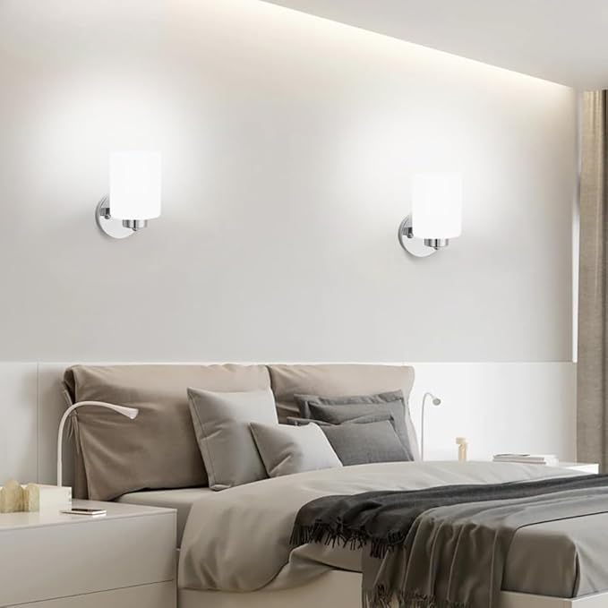 Frosted Wall Sconce Set of Two,Chrome Sconce Bathroom Lighting,Modern Chrome Vanity Light,Mid-Century Vanity Sconces for Bathroom,Livingroom,Kitchen