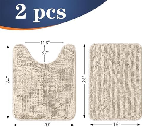 OLANLY Chenille Bathroom Rugs Mats Sets 2 Piece, 24"x16"+24"x20", Sand