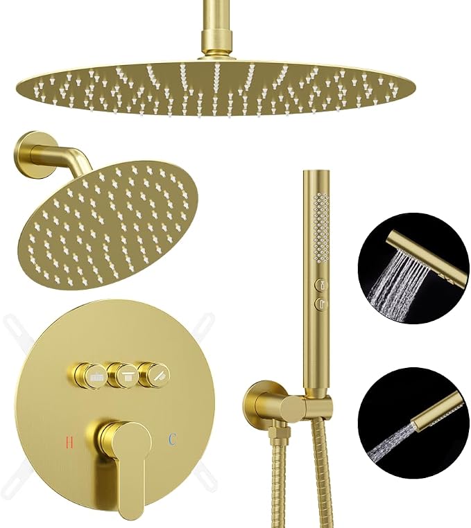 Shower Systems Round Shower Faucet Set, 12+6" Dual Rainfall Shower head with 2 in 1 Handheld Spray, Ceiling Mount Push Button Shower Set with Valve and Trim Kit Brushed Gold,Can Use All at Once