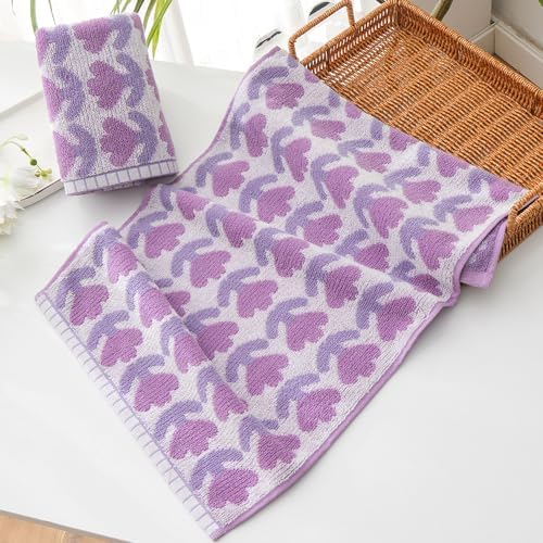 YiLUOMO Purple Tulips Pattern Spring Hand Towel Set of 2 Highly Absorbent Quick Dry 100% Cotton Decorative Hand Towels for Bathroom Hotels Spa 13" X 29"