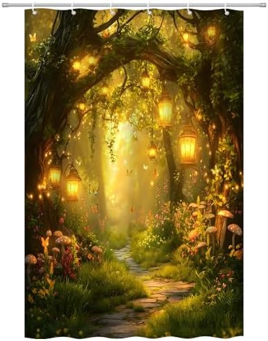 Fantasy Forest Path Shower Curtain Yellow Fairy Magical Enchanted Misty Jungle Mushroom Floral Tree Butterfly Lantern Wonderland Bath Curtain Fabric Bathroom Accessories Decor with Hooks 47W x63L