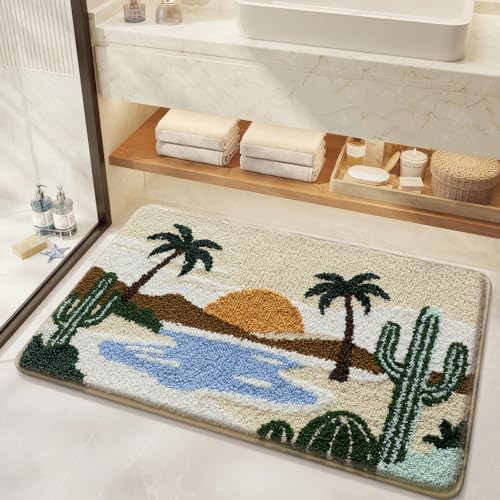 Bathroom Rug Mat, Desert Oasis Sunset Fluffy Rug with Cactus & Palm Tree, Ultra Absorbent Microfiber Shaggy Door Mat, Quick Dry Bath Rug Carpet for Toilet Bathtub Bedroom 20x31 Inch (Brown)