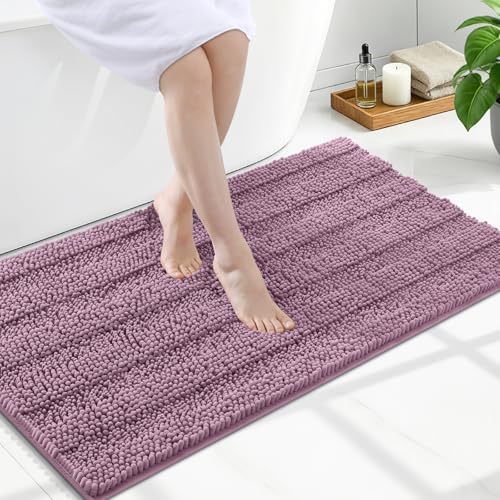 Grandaily Chenille Striped Bathroom Rugs 47x24, Extra Thick and Soft Absorbent Bath Mats, Rubber Backing, Plush Shaggy Shower Carpet, Machine Wash Dry, Bath Rug for Bathroom, Deep Plum
