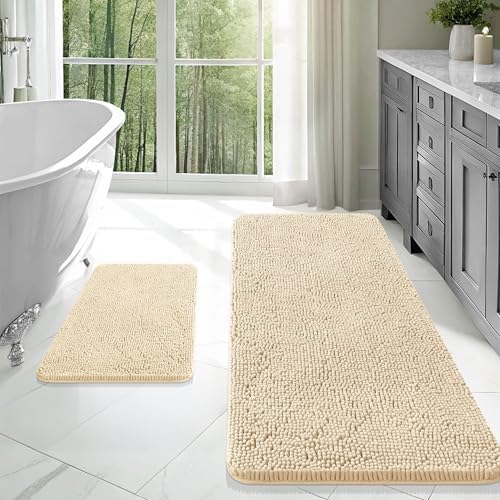 OLANLY Chenille Bathroom Rugs Mats Sets 2 Piece, 47"x20"+24"x16", Beige