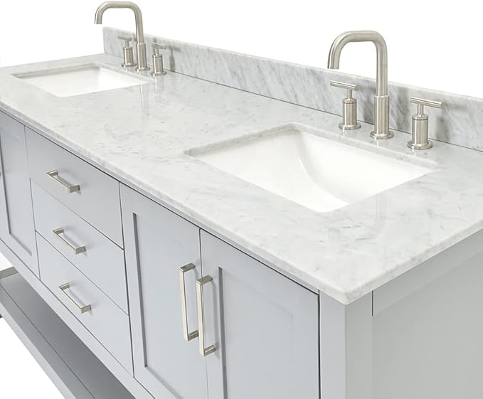 ARIEL Magnolia 72-inch Bathroom Vanity with Sink,Solid Wood, 0.75-inch Italian Carrara Marble Countertop, Double Rectangular Porcelain Sink, 4 Soft Closing Doors, 3 Dovetail Drawers, Grey